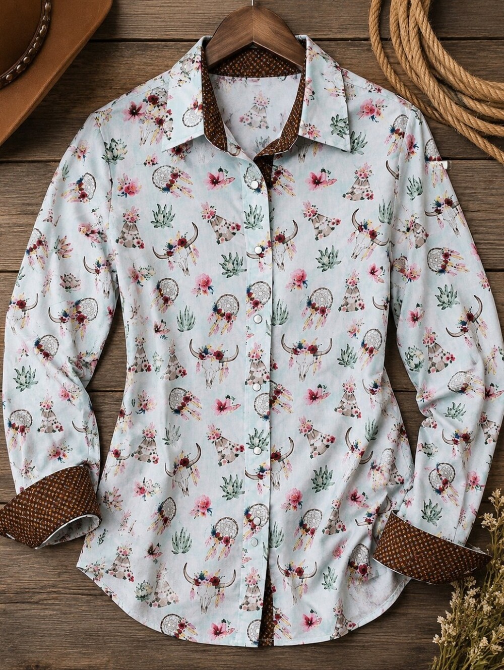 Handmade Western Cow Skull Dreamcatcher Button Up Shirt Boho Cowgirl L Cotton